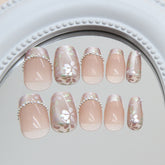 VIBEFICANT Glaze Floral French Tip Short Squaoval Pearl  Press on Nails